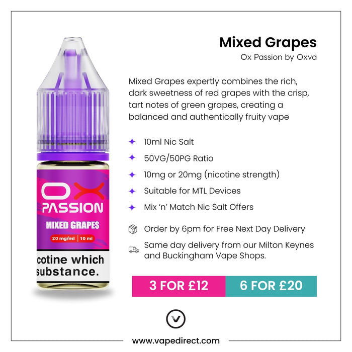 Strawberry Raspberry Cherry Ox passion e-liquid with flavour description. 10ml Nic Salt, suitable for MTL devices, multi-buy offers, and details for next day delivery in milton keynes and buckingham shown.