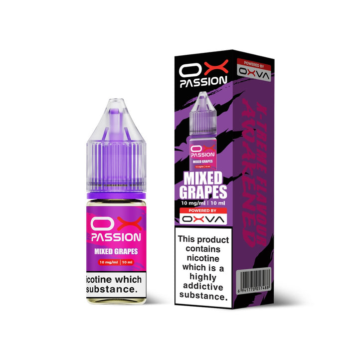 Mixed Grapes Ox Passion Nic Salt E-Liquid by Oxva with retail box and packaging.