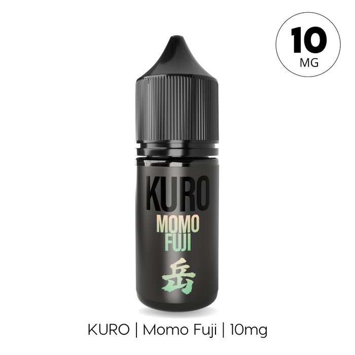 A black bottle labeled Momo Fuji Nic Salt E-Liquid by Kuro with 10mg displayed in a circle at the top right. The text Riot Squad | Momo Fuji Nic Salt E-Liquid by Kuro | 10mg appears below the bottle, highlighting this Japanese peach vape nic salt e-liquid.