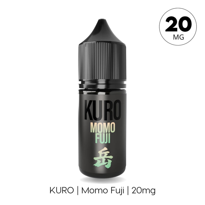 A black bottle labeled Momo Fuji Nic Salt E-Liquid by Kuro, featuring Japanese characters and a black cap, displays "20 MG" in a circle. Text below reads Riot Squad | Momo Fuji Nic Salt E-Liquid by Kuro | 20mg, highlighting this Japanese peach vape nic salt e-liquid.