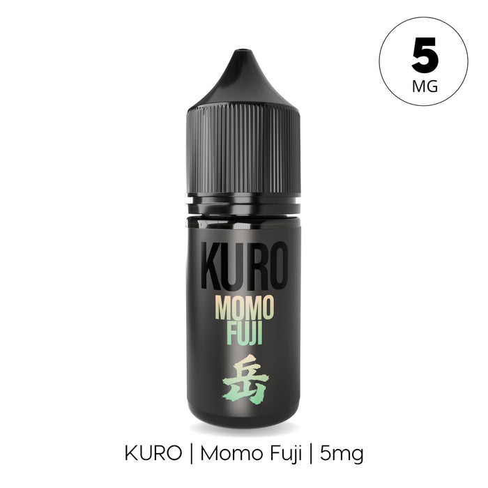 A sleek black bottle labeled with Japanese characters and a 5 MG circle is marked "KURO | Momo Fuji | 5mg," showcasing Riot Squad’s Momo Fuji Nic Salt E-Liquid—an inspired vape capturing the delicate essence of Japanese peach.