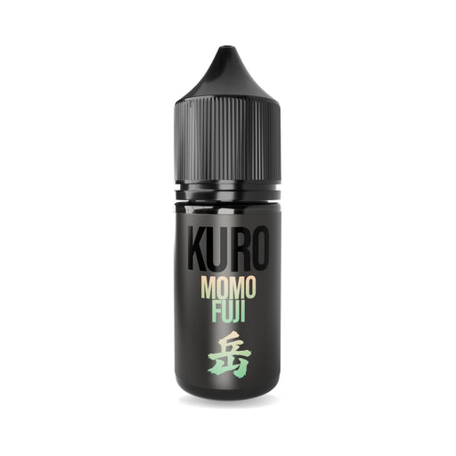 A black bottle with a ribbed cap, labeled "Momo Fuji Nic Salt E-Liquid by Kuro" from Riot Squad, features a light green Japanese character below the text and delivers the authentic essence of Japanese peach vape in every drop.