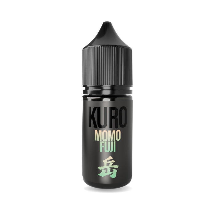 A black bottle with a ribbed cap, labeled "Momo Fuji Nic Salt E-Liquid by Kuro" from Riot Squad, features a light green Japanese character below the text and delivers the authentic essence of Japanese peach vape in every drop.