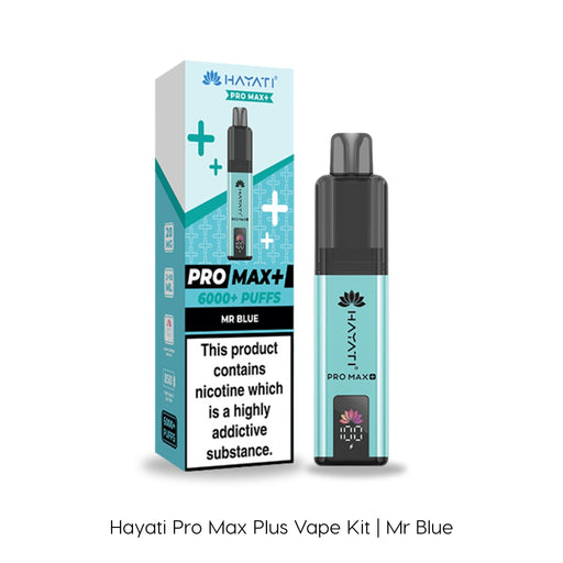 The Mr Blue Hayati Pro Max Plus Vape Kit by Hayati features a sleek blue and black design on both the device and its packaging, both standing upright and clearly labeled "Mr Blue." This vape kit offers up to 6000 puffs for an extended vaping experience.