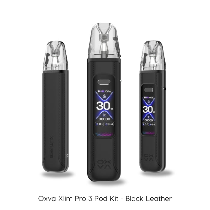 The Oxva Xlim Pro 3 Pod Kit in Black Leather. Three detailed views from different angles highlight its modern design and integrated 1 inch HD digital display, which provides clear, easy-to-read information.