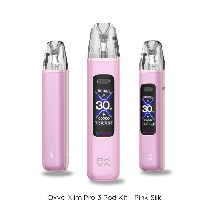 The Oxva Xlim Pro 3 Pod Kit in Pink Silk. Three detailed views from different angles highlight its modern design and integrated 1 inch HD digital display, which provides clear, easy-to-read information.