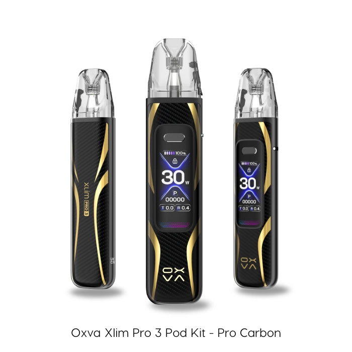 The Oxva Xlim Pro 3 Pod Kit in Pro Gold Carbon. Three detailed views from different angles highlight its modern design and integrated 1 inch HD digital display, which provides clear, easy-to-read information.