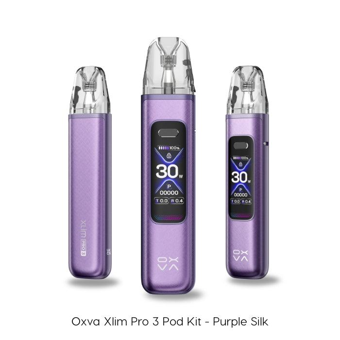 The Oxva Xlim Pro 3 Pod Kit in Purple Silk. Three detailed views from different angles highlight its modern design and integrated 1 inch HD digital display, which provides clear, easy-to-read information.