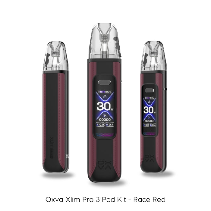 The Oxva Xlim Pro 3 Pod Kit in Race Red. Three detailed views from different angles highlight its modern design and integrated 1 inch HD digital display, which provides clear, easy-to-read information.