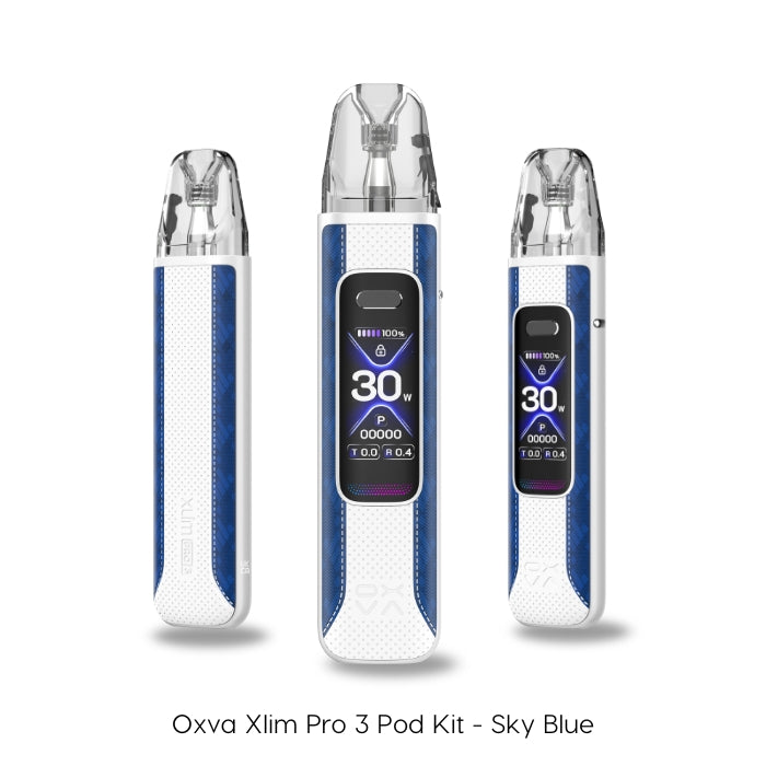 The Oxva Xlim Pro 3 Pod Kit in Sky Blue. Three detailed views from different angles highlight its modern design and integrated 1 inch HD digital display, which provides clear, easy-to-read information.