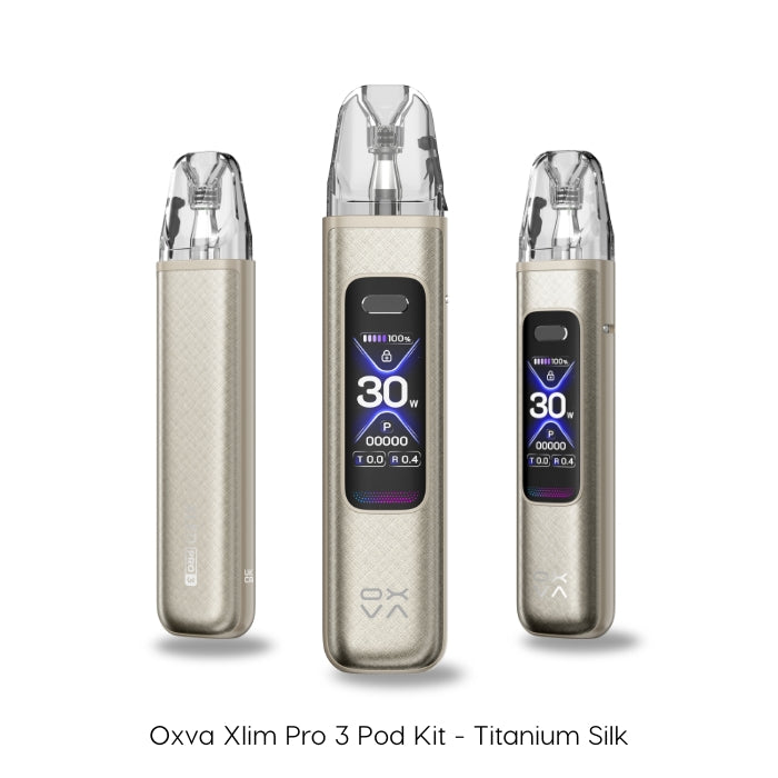 The Oxva Xlim Pro 3 Pod Kit in Titanium Silk. Three detailed views from different angles highlight its modern design and integrated 1 inch HD digital display, which provides clear, easy-to-read information.
