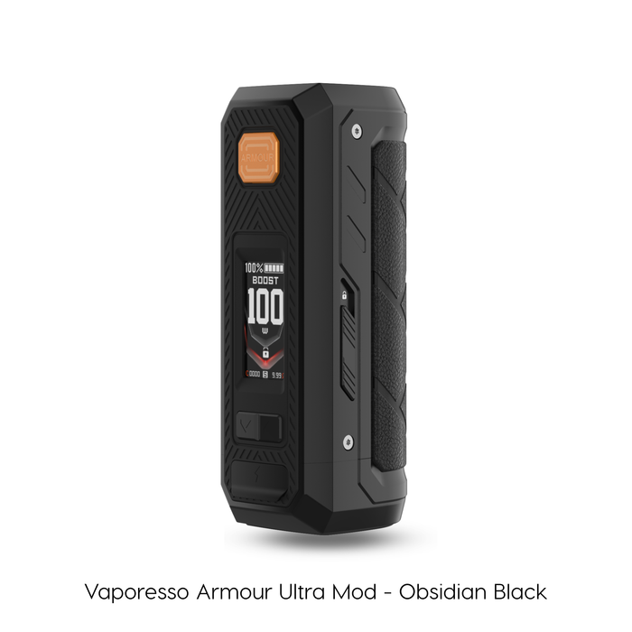 Vaporesso Armour Ultra Mod in Obsidian Black. An all-black 5500mAh rechargeable vape battery mod showcasing a textured grip, front-facing OLED display at 100W, and signature orange Armour fire button.