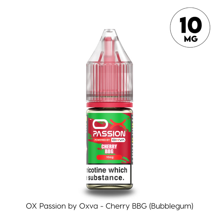 Cherry BBG (Bubblegum) in 10mg Ox Passion Nic Salt by OXVA. This candy-inspired blend perfectly balances the tangy punch of red cherries with the sugary, lingering sweetness of bubblegum.