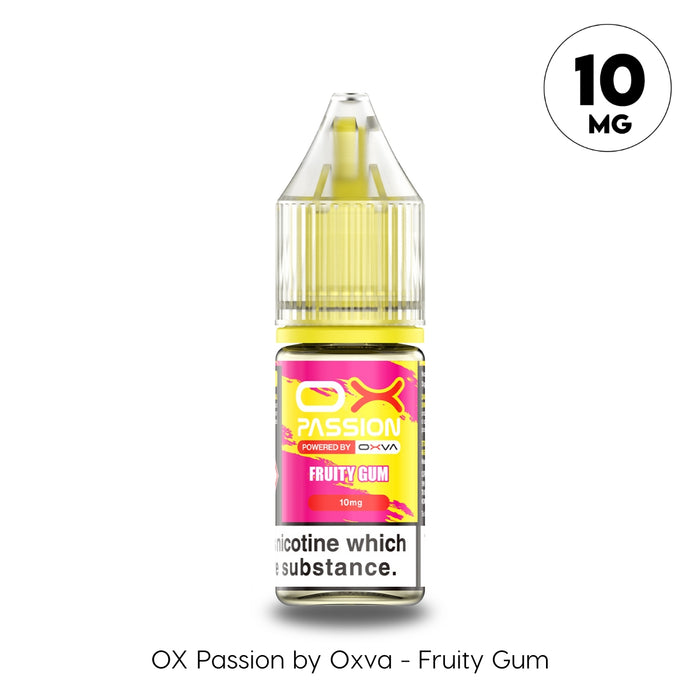 Fruity Gum 10mg Ox Passion Nic Salt by OXVA combines the sugary taste of bubblegum with sweet and tangy mixed fruit notes for a juicy vaping experience
