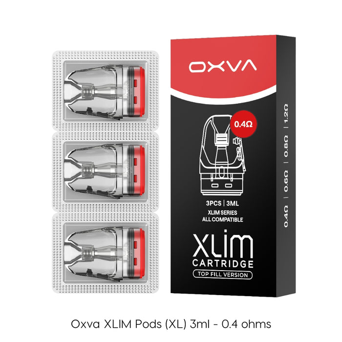 A box labeled Oxva Xlim Replacement Pods (XL) 3ml with three sealed pods beside it. The packaging highlights 0.4 ohm resistance, compatible with all xlim pod kits, and includes 3 pods of 3ml each.