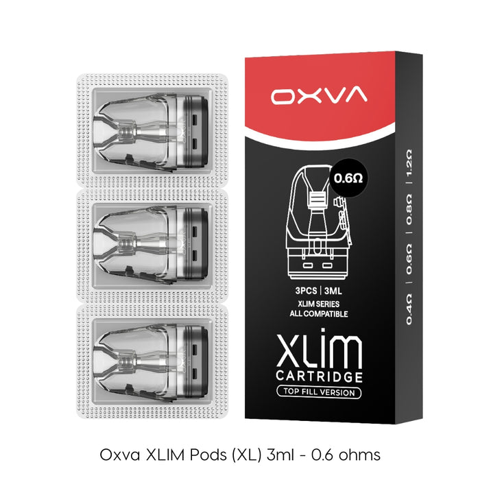 A box labeled Oxva Xlim Replacement Pods (XL) 3ml with three sealed pods beside it. The packaging highlights 0.6Ω resistance, Xlim series compatibility, and includes 3 pods of 3ml each.
