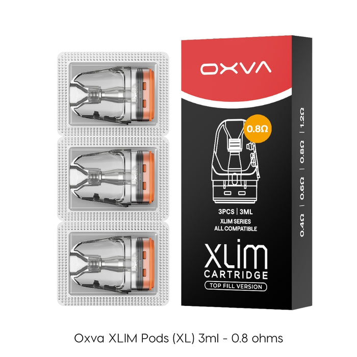 A box labeled Oxva Xlim Replacement Pods (XL) 3ml with three sealed pods beside it. The packaging highlights 0.8 ohm resistance, compatible with all xlim pod kits, and includes 3 pods of 3ml each.