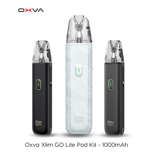 OXVA Xlim GO Lite Pod Kit 1000mAh in three colours — pink, black, and mint/light blue — displayed side by side on a white background
