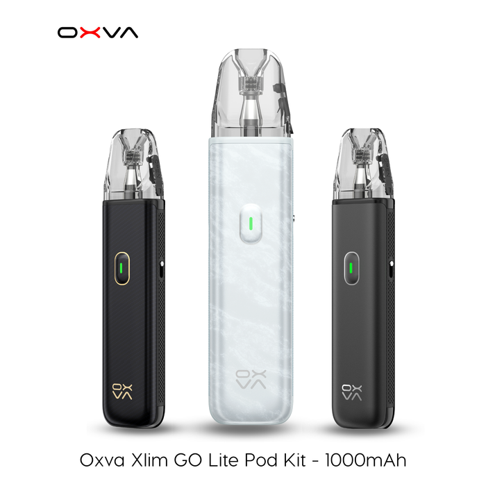 OXVA Xlim GO Lite Pod Kit 1000mAh in three colours — pink, black, and mint/light blue — displayed side by side on a white background