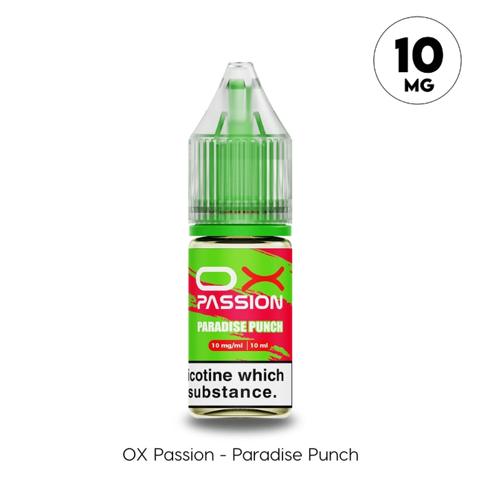 Paradise Punch 10mg OX Passion Nic Salt by Oxva. An exotic tropical fruit medley of lychee, watermelon, and a hint of guava. Avaialable at vape direct milton keynes.
