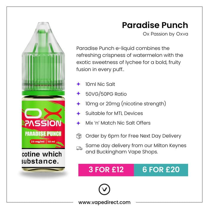 Paradise Punch Ox passion e-liquid with flavour description. 10ml Nic Salt, suitable for MTL devices, multi-buy offers, and details for next day delivery in milton keynes and buckingham shown.