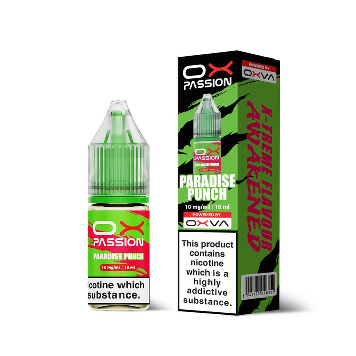 Paradise Punch Ox Passion Nic Salt E-Liquid by Oxva with retail box and packaging.
