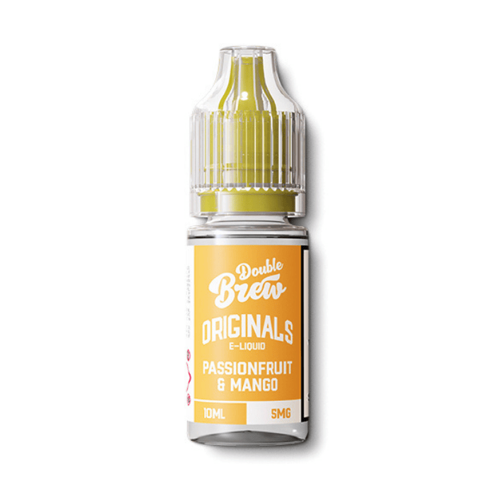 Passionfruit and Mango nic salt e-liquid 10ml bottle by Double Brew on a plain background