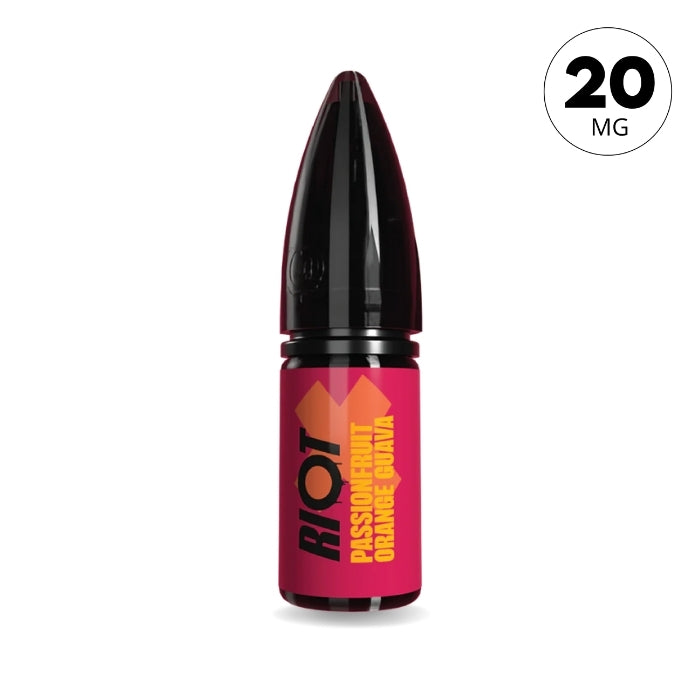 Passionfruit Orange and Guava Riot X nic salt e-liquid bottle in 20mg nicotine strength