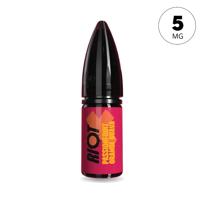 Passionfruit Orange and Guava Riot X nic salt e-liquid bottle in 5mg nicotine strength
