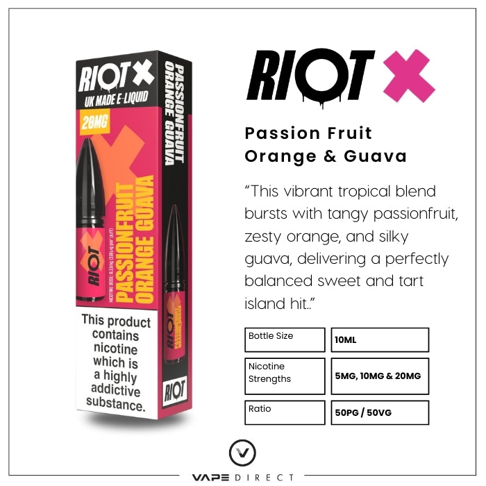 Passion Fruit Orange Guava Nic Salt Riot X by Riot Squad flavour description and key features.
