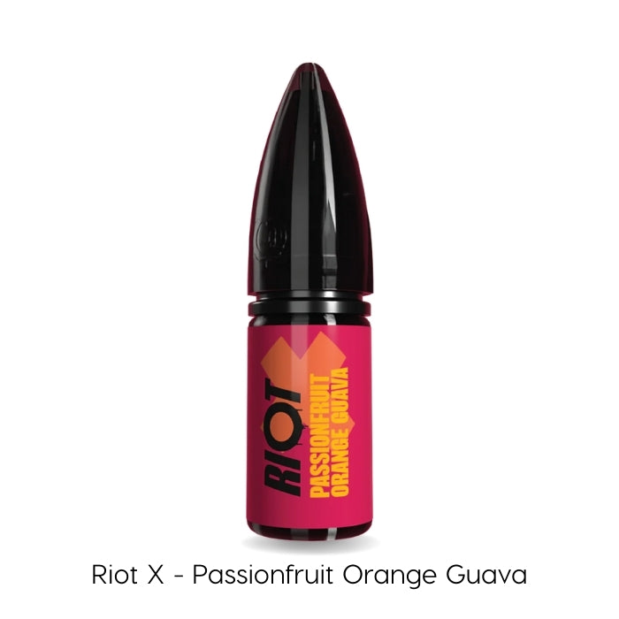 Passionfruit Orange and Guava Riot X nic salt e-liquid 10ml bottle on a plain background