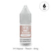A compact 10ml V4 Vapour - Peach E-Liquid bottle with a gray cap, labeled with the brand and flavor, ideal for Mouth To Lung vapers. The label also shows it contains nicotine at 6MG. Available at Vape Direct In Milton Keynes