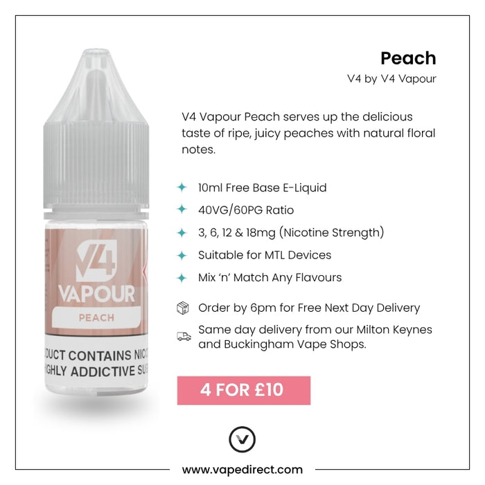 V4 Vapour - Peach 10ml E-Liquid boasts a juicy peach flavor, 40VG/60PG blend, various nicotine strengths, and a 4 for £10 deal—perfect for MTL users. Buy now at vapedirect.com. Available at Vape Direct In Milton Keynes