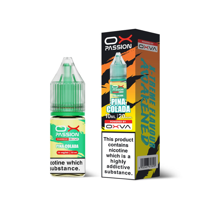Pina Colada Ox Passion Nic Salt E-Liquid by Oxva with retail box and packaging.