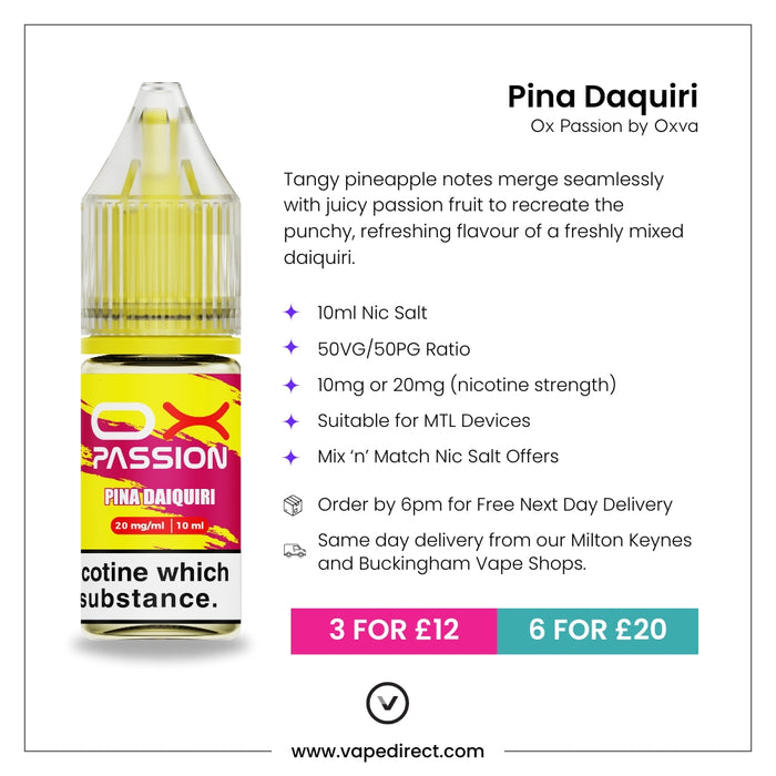 Pina Daiquiri Ox passion e-liquid with flavour description. 10ml Nic Salt, suitable for MTL devices, multi-buy offers, and details for next day delivery in milton keynes and buckingham shown.