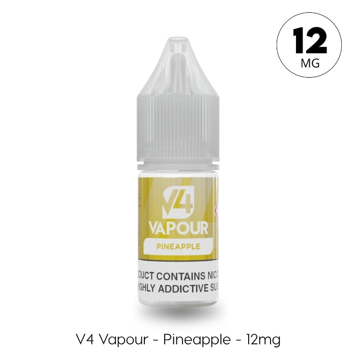 V4 Vapour - Pineapple 10ml E-Liquid features a yellow label with “Product contains nicotine” and a “12 MG” circle at the top right, highlighting this flavorful pineapple blend. Available at Vape Direct In Milton Keynes