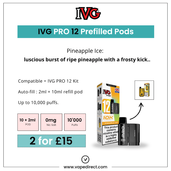 Advertisement for IVG Pro 12 Prefilled Pods with product packaging and text on a white background.