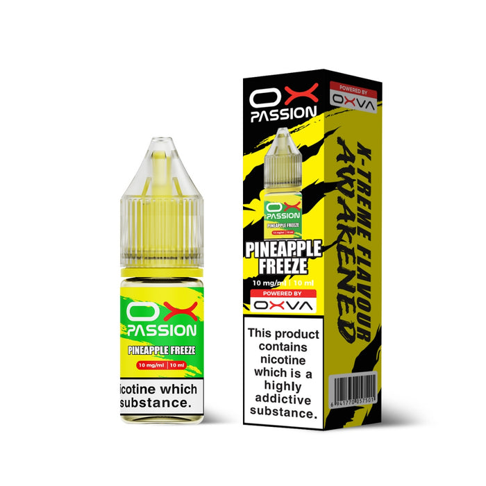 Pineapple Freeze nic salt e-liquid bottle and box by Ox Passion on a plain background