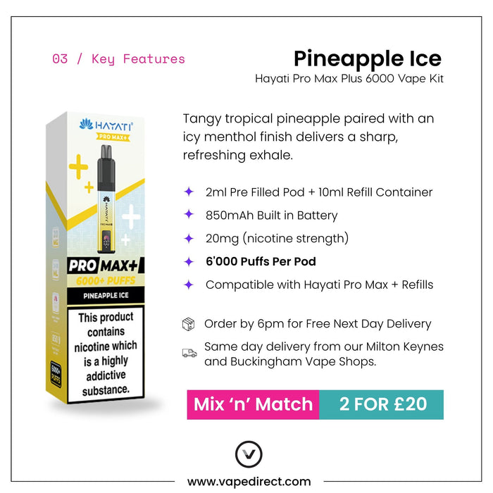 Discover the Pineapple Ice Hayati Pro Max Plus Vape Kit by Hayati, featuring a 2ml pod, powerful 850mAh battery, and 20mg nicotine strength for up to 6000 puffs of crisp pineapple flavor. Take advantage of our exclusive “Mix ’n’ Match 2 for £20” offer.