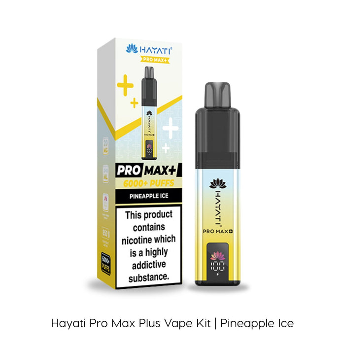 The Pineapple Ice Hayati Pro Max Plus Vape Kit by Hayati showcases a striking yellow, blue, and black design and delivers over 6000 puffs. Its packaging prominently displays the flavor, ensuring a satisfying vaping experience.