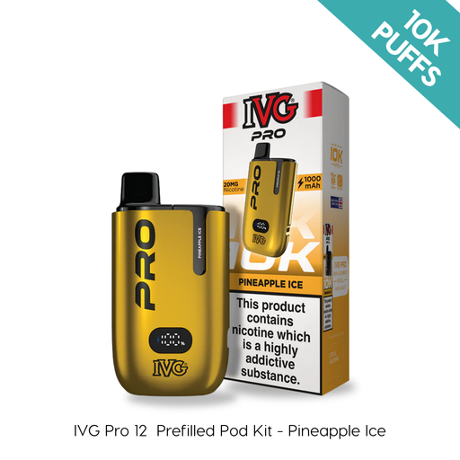 A gold I VG Pineapple Ice - IVG PRO 12 Prefilled Kit and its packaging, labeled with a teal banner in the corner featuring "10,000 puffs. Available at Vape Direct In Milton Keynes