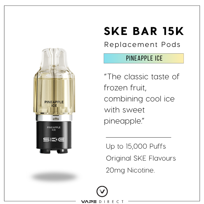 SKE BAR 15K replacement pods in Pineapple Ice flavour with a 10ml refill pod and flavour description.