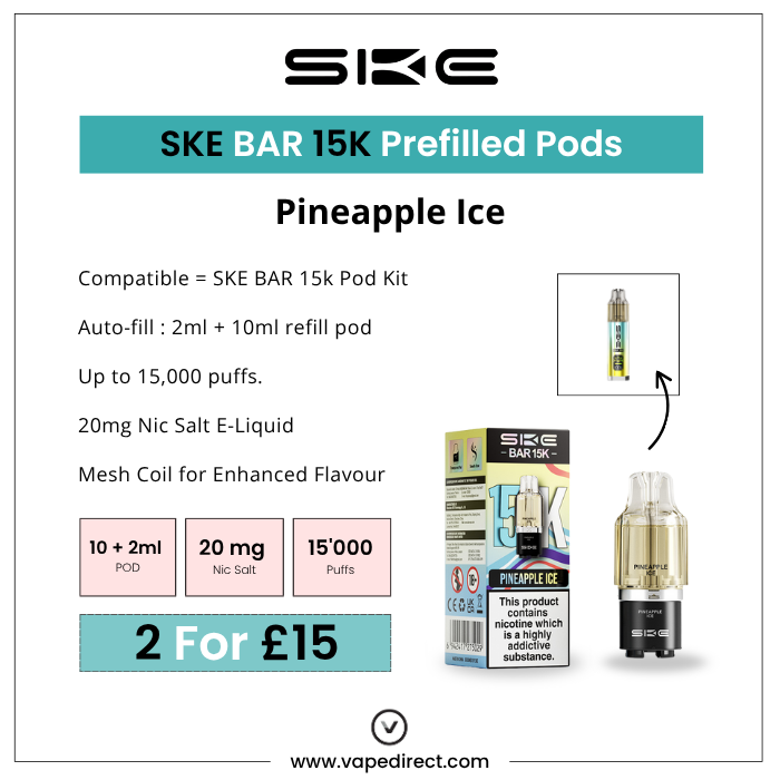 SKE BAR 15K Prefilled Pods in Pineapple Ice 10ml refill pod, 20mg Nic Salt, 15,000 puffs. 