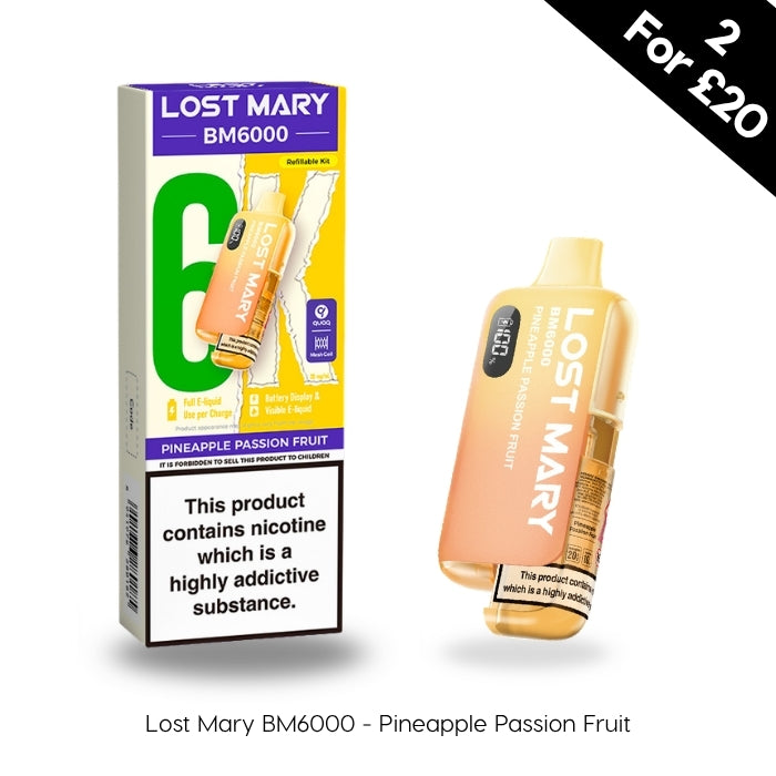 Lost Mary BM6000 Prefilled Pod Kit in Pinapple Passion Fruit Flavour at vape direct milton keynes with a 2 for £20 multi buy offer displayed