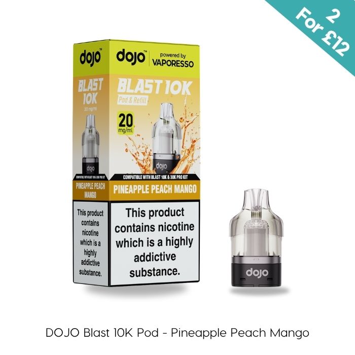 A Vaporesso Pineapple Peach Mango Dojo Blast 10K Prefilled Pods pack stands by a vape pod. The box displays 20 mg/ml and a teal banner with “2 For £12.”. Available at Vape Direct In Milton Keynes