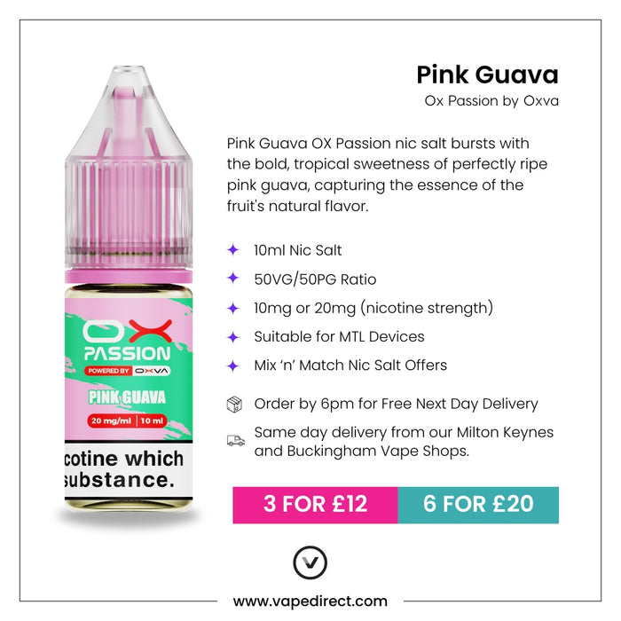 Pink Guava Ox passion e-liquid with flavour description. 10ml Nic Salt, suitable for MTL devices, multi-buy offers, and details for next day delivery in milton keynes and buckingham shown.