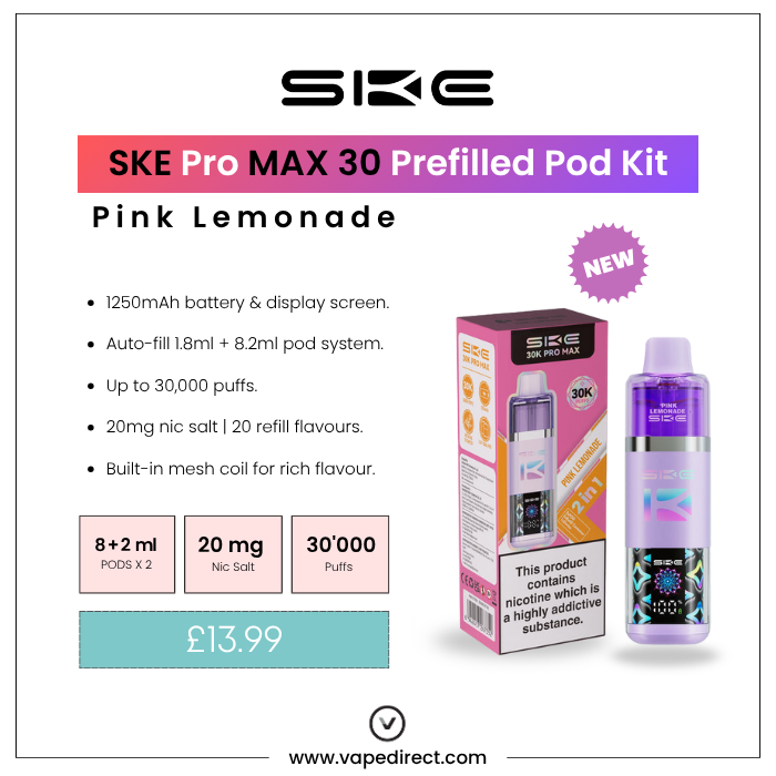 SKE Pro MAX 30 pod kit in pink lemonade. 1250mAh battery, 30,000 puffs, and 20mg nic salt.