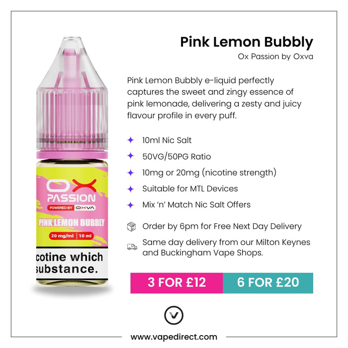 Pink Lemon Bubbly Ox passion e-liquid with flavour description. 10ml Nic Salt, suitable for MTL devices, multi-buy offers, and details for next day delivery in milton keynes and buckingham shown.