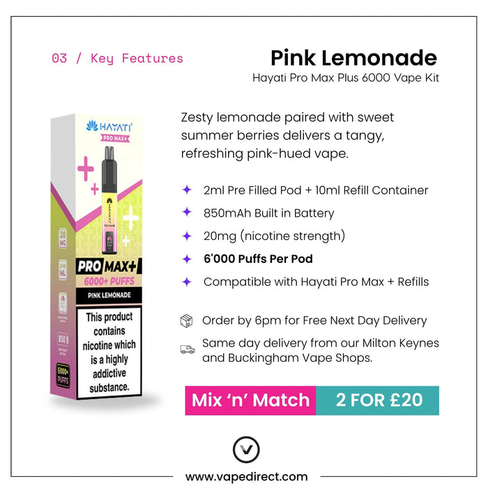Experience the Pink Lemonade Hayati Pro Max Plus Vape Kit by Hayati, offering up to 6000 puffs with a powerful 850mAh battery. This refillable pod kit comes with a 2ml pre-filled pod plus an additional 10ml refill and delivers 20mg nicotine for a satisfying vape. Mix and match any two for just £20 and take advantage of standout features that ensure a flavorful vaping experience.
