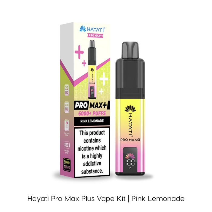 The Pink Lemonade Hayati Pro Max Plus Vape Kit by Hayati is featured with its device and box, offering over 6000 puffs, a 20mg nicotine strength, and an 850mAh battery—a stylish and convenient refillable pod kit designed for lasting enjoyment.